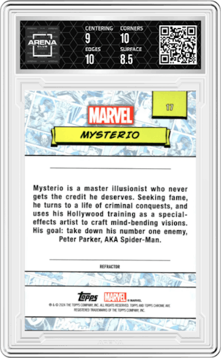 Mysterio from the 2024 Topps Chrome Marvel set featuring a Refractor parallel graded by Arena Club and given an overall grade of 9.