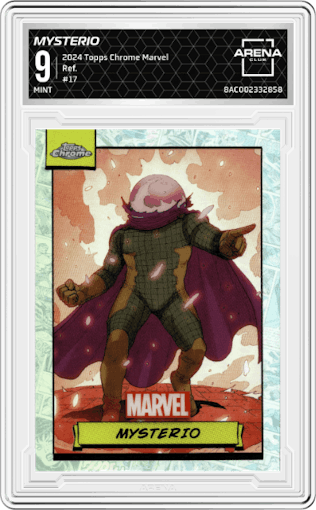 Mysterio from the 2024 Topps Chrome Marvel set featuring a Refractor parallel graded by Arena Club and given an overall grade of 9.
