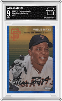 Willie Mays from the 2023 Topps Chrome Platinum Anniversary set featuring a Blue Prism Refractor  parallel graded by Arena Club and given an overall grade of 9.