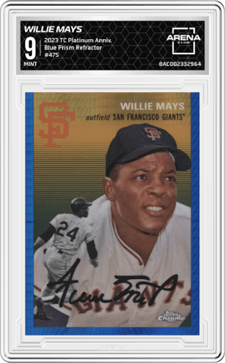 Willie Mays from the 2023 Topps Chrome Platinum Anniversary set featuring a Blue Prism Refractor  parallel graded by Arena Club and given an overall grade of 9.