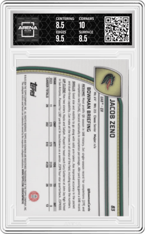 Jacob Zeno from the 2024 Bowman University Chrome set featuring a Blue Refractor parallel graded by Arena Club and given an overall grade of 9.