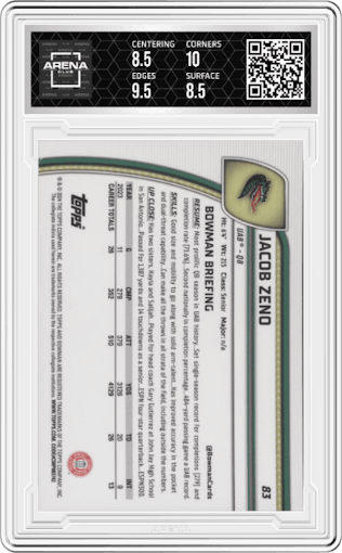 Jacob Zeno from the 2024 Bowman University Chrome set featuring a Blue Refractor parallel graded by Arena Club and given an overall grade of 9.