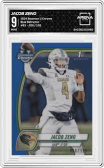 Jacob Zeno from the 2024 Bowman University Chrome set featuring a Blue Refractor parallel graded by Arena Club and given an overall grade of 9.