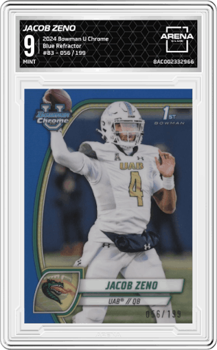 Jacob Zeno from the 2024 Bowman University Chrome set featuring a Blue Refractor parallel graded by Arena Club and given an overall grade of 9.