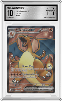 Charizard ex from the 2023 Pokemon SV set graded by Arena Club and given an overall grade of 10.