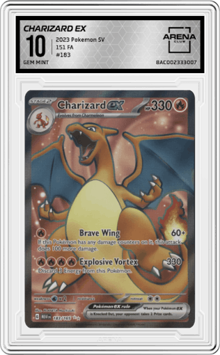 Charizard ex from the 2023 Pokemon SV set graded by Arena Club and given an overall grade of 10.