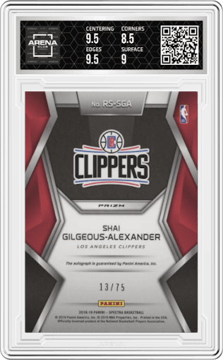 Shai Gilgeous-Alexander from the 2018-19 Panini Spectra set graded by Arena Club and given an overall grade of 9.
