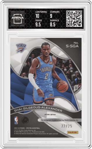 Shai Gilgeous-Alexander from the 2021-22 Panini Spectra set featuring a Astral Prizm parallel graded by Arena Club and given an overall grade of 9.