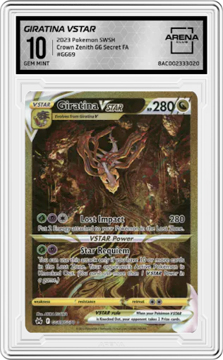 Giratina VSTAR from the 2023 Pokemon SWSH set graded by Arena Club and given an overall grade of 10.