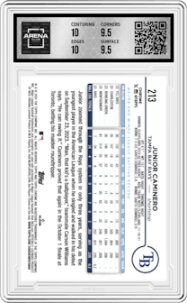 Junior Caminero from the 2024 Topps Chrome set featuring a Gold Wave Refractor parallel graded by Arena Club and given an overall grade of 10.