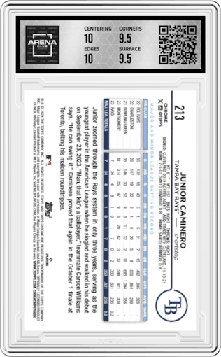 Junior Caminero from the 2024 Topps Chrome set featuring a Gold Wave Refractor parallel graded by Arena Club and given an overall grade of 10.