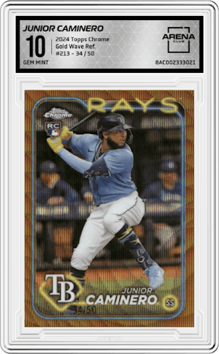 Junior Caminero from the 2024 Topps Chrome set featuring a Gold Wave Refractor parallel graded by Arena Club and given an overall grade of 10.
