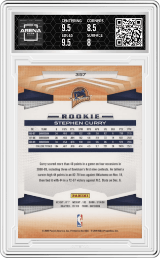 Stephen Curry from the 2009-10 Panini  set graded by Arena Club and given an overall grade of 8.5.