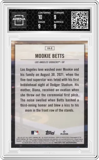 Mookie Betts from the 2022 Topps  Series 1 set graded by Arena Club and given an overall grade of 9.5.