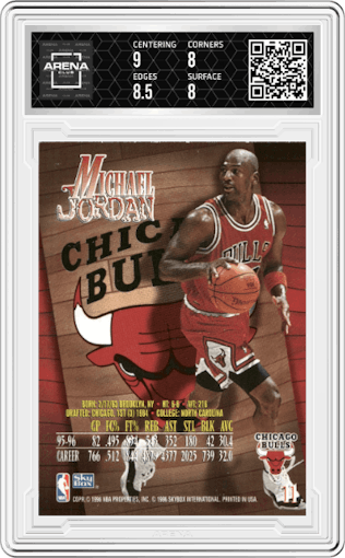 Michael Jordan from the 1996-97 Skybox Z-Force set graded by Arena Club and given an overall grade of 8.5.