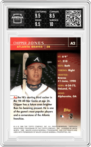Chipper Jones from the 1999 Topps set graded by Arena Club and given an overall grade of 9.