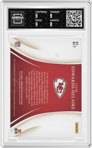 Clyde Edwards-Helaire from the 2020 Panini Immaculate Collection set featuring a Prime Gold parallel graded by Arena Club and given an overall grade of 8.5.
