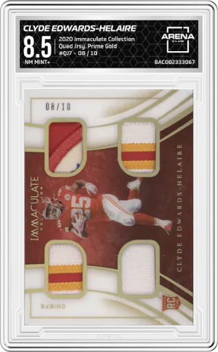 Clyde Edwards-Helaire from the 2020 Panini Immaculate Collection set featuring a Prime Gold parallel graded by Arena Club and given an overall grade of 8.5.