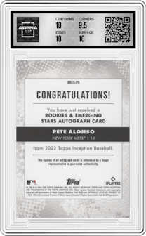 Pete Alonso from the 2022 Topps Inception set featuring a Green parallel graded by Arena Club and given an overall grade of 10.
