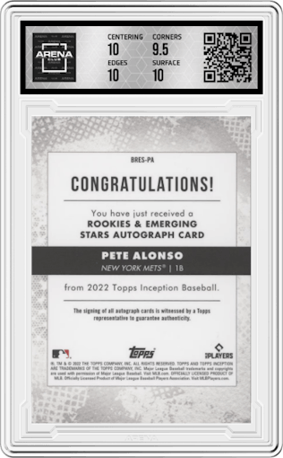 Pete Alonso from the 2022 Topps Inception set featuring a Green parallel graded by Arena Club and given an overall grade of 10.