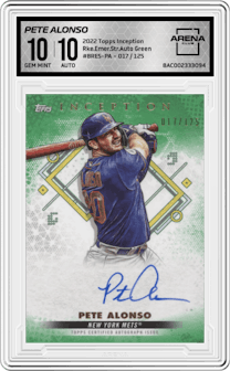 Pete Alonso from the 2022 Topps Inception set featuring a Green parallel graded by Arena Club and given an overall grade of 10.
