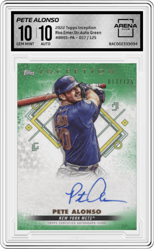 Pete Alonso from the 2022 Topps Inception set featuring a Green parallel graded by Arena Club and given an overall grade of 10.
