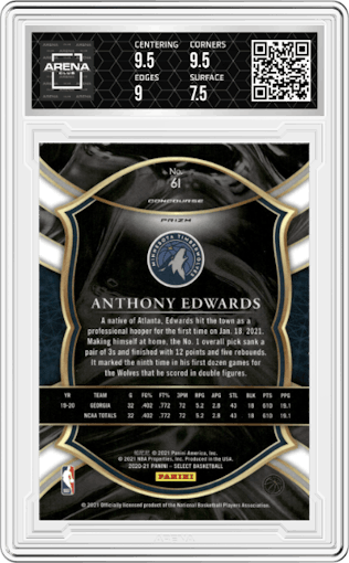 Anthony Edwards from the 2020-21 Panini Select  set featuring a Red Wave parallel graded by Arena Club and given an overall grade of 8.