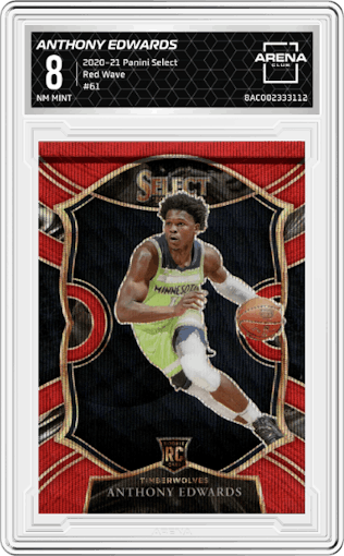 Anthony Edwards from the 2020-21 Panini Select  set featuring a Red Wave parallel graded by Arena Club and given an overall grade of 8.