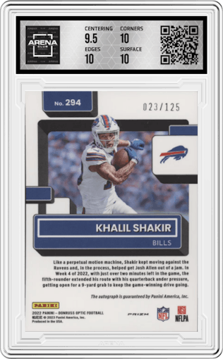 Khalil Shakir from the 2022 Panini Donruss Optic set featuring a Holo parallel graded by Arena Club and given an overall grade of 10.
