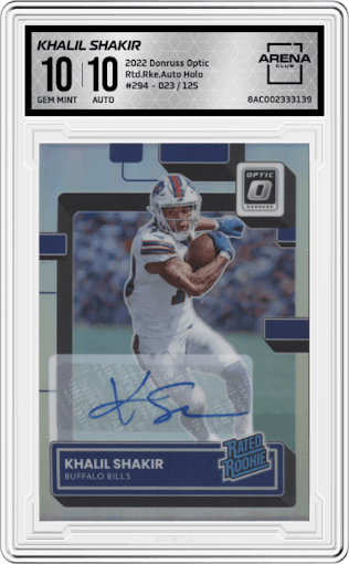 Khalil Shakir from the 2022 Panini Donruss Optic set featuring a Holo parallel graded by Arena Club and given an overall grade of 10.