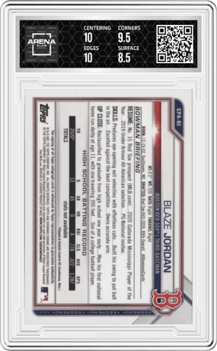 Blaze Jordan from the 2021 Bowman set graded by Arena Club and given an overall grade of 9.