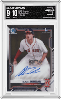 Blaze Jordan from the 2021 Bowman set graded by Arena Club and given an overall grade of 9.