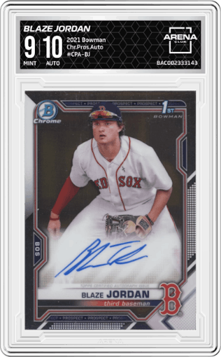 Blaze Jordan from the 2021 Bowman set graded by Arena Club and given an overall grade of 9.