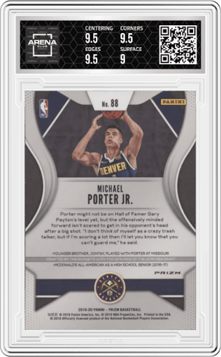 Michael Porter Jr. from the 2019-20 Panini Prizm set featuring a Choice Tiger Stripe parallel graded by Arena Club and given an overall grade of 9.5.