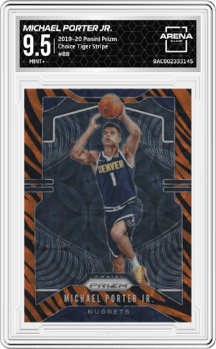 Michael Porter Jr. from the 2019-20 Panini Prizm set featuring a Choice Tiger Stripe parallel graded by Arena Club and given an overall grade of 9.5.