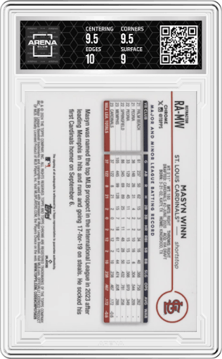 Masyn Winn from the 2024 Topps Chrome set featuring a Refractor parallel graded by Arena Club and given an overall grade of 9.5.