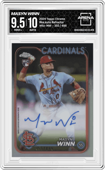 Masyn Winn from the 2024 Topps Chrome set featuring a Refractor parallel graded by Arena Club and given an overall grade of 9.5.