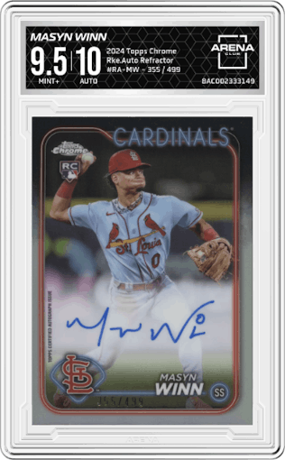 Masyn Winn from the 2024 Topps Chrome set featuring a Refractor parallel graded by Arena Club and given an overall grade of 9.5.