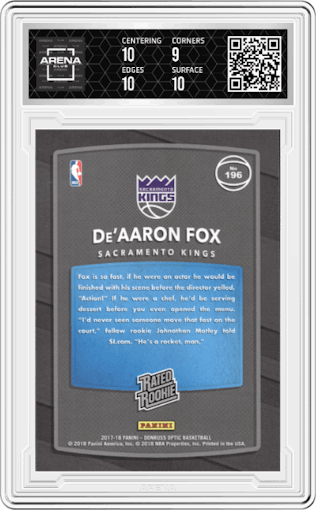 De'Aaron Fox from the 2017-18 Panini Donruss Optic set featuring a Shock parallel graded by Arena Club and given an overall grade of 9.5.