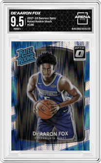 De'Aaron Fox from the 2017-18 Panini Donruss Optic set featuring a Shock parallel graded by Arena Club and given an overall grade of 9.5.