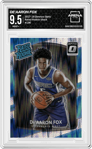 De'Aaron Fox from the 2017-18 Panini Donruss Optic set featuring a Shock parallel graded by Arena Club and given an overall grade of 9.5.