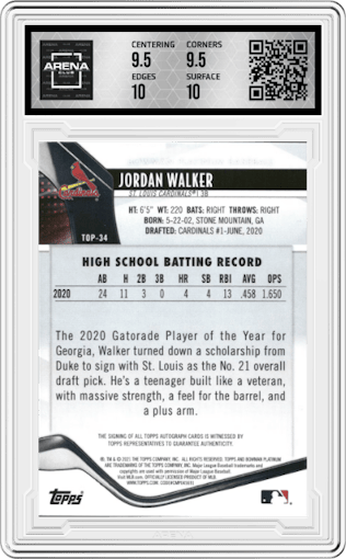 Jordan Walker from the 2021 Bowman Platinum set featuring a Blue parallel graded by Arena Club and given an overall grade of 10.