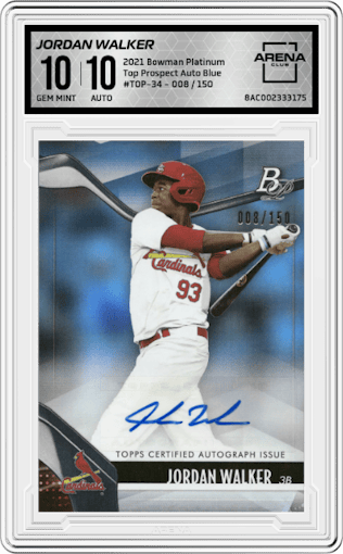 Jordan Walker from the 2021 Bowman Platinum set featuring a Blue parallel graded by Arena Club and given an overall grade of 10.