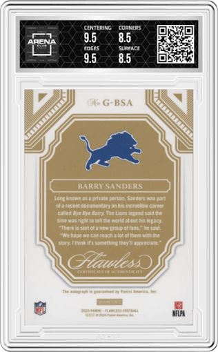 Barry Sanders from the 2023 Panini Flawless set graded by Arena Club and given an overall grade of 9.