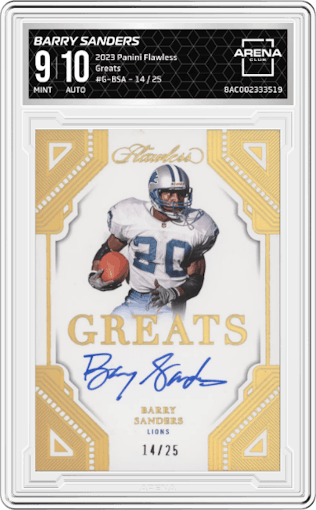 Barry Sanders from the 2023 Panini Flawless set graded by Arena Club and given an overall grade of 9.