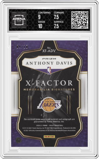 Anthony Davis from the 2020-21 Panini Select  set featuring a Gold  parallel graded by Arena Club and given an overall grade of 8.