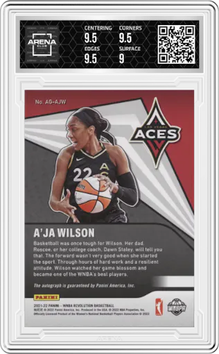 A'ja Wilson from the 2021-22 Panini WNBA Revolution set graded by Arena Club and given an overall grade of 9.5.