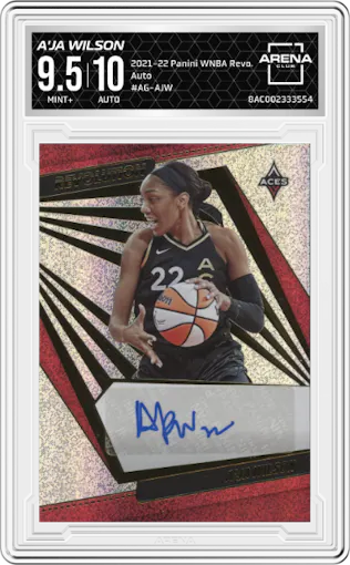 A'ja Wilson from the 2021-22 Panini WNBA Revolution set graded by Arena Club and given an overall grade of 9.5.