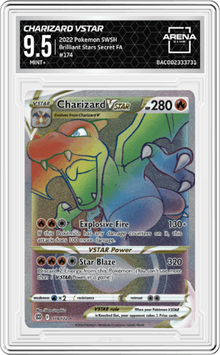 Charizard VSTAR from the 2022 Pokemon SWSH set graded by Arena Club and given an overall grade of 9.5.
