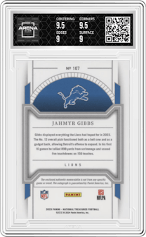 Jahmyr Gibbs from the 2023 Panini National Treasures set graded by Arena Club and given an overall grade of 9.5.